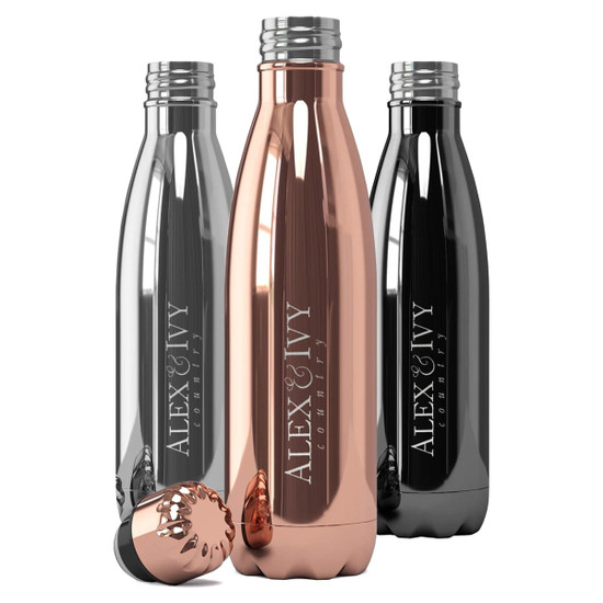 A drink bottle set in silver, black, and rose gold, featuring a sleek design and a branding logo.