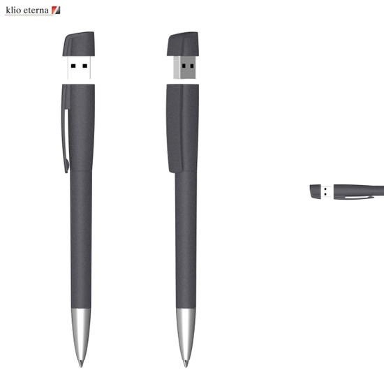 A USB pen in grey with a soft grip, featuring a USB connector and a clip for easy portability.