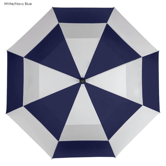 A navy blue and white umbrella with a geometric design and a central button, featuring a logo.