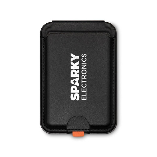 A black Cozy Phone Wallet with a logo, featuring a secure closure and a contrasting orange accent.