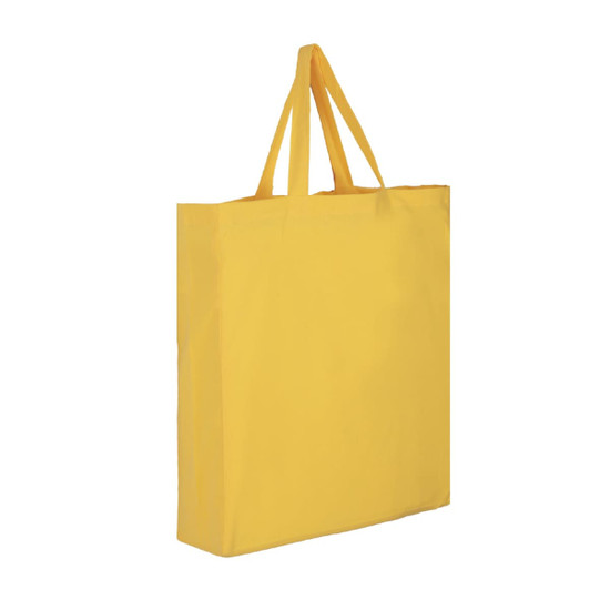 A yellow cotton tote bag with two handles and a simple design. It features a logo on one side.