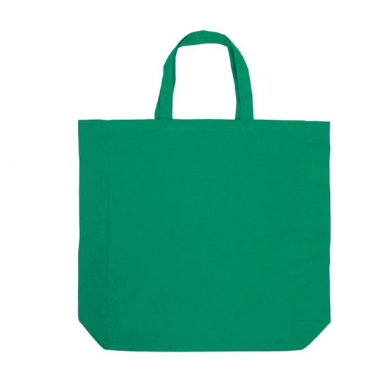 A green cotton tote bag with two handles and no visible branding.