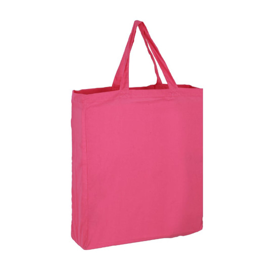 A pink cotton tote bag with sturdy handles and a simple design. It includes a logo.