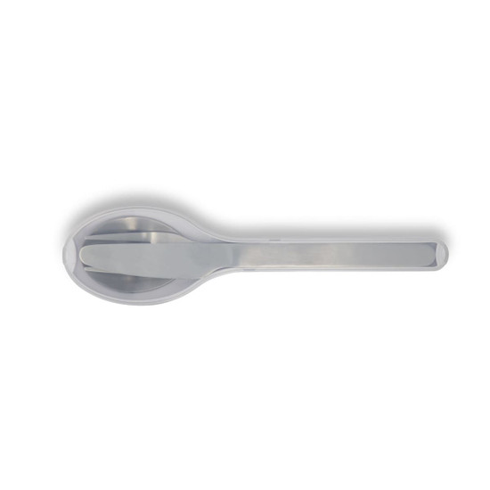 A stainless steel spoon from the Juniper Cutlery Set, featuring a sleek and polished design.