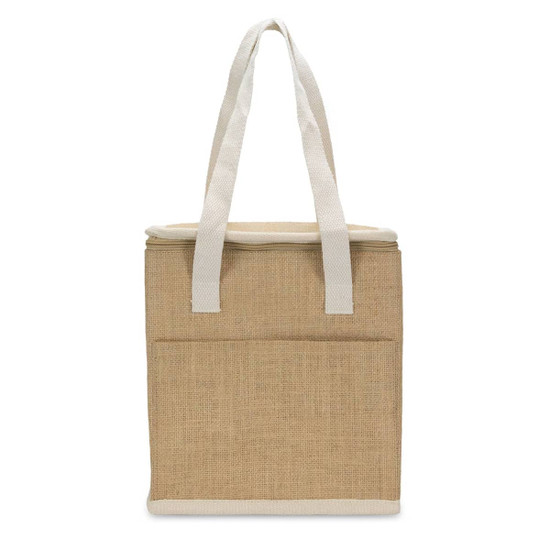 A tan cooler bag with white handles and a front pocket, featuring a logo on the side.