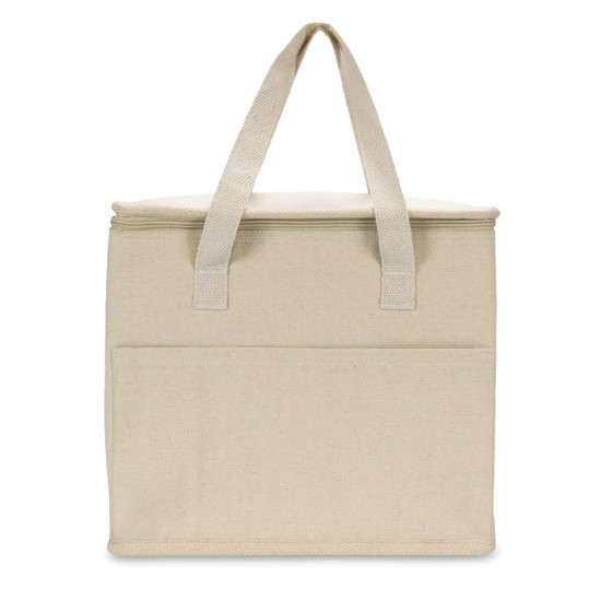A cream cooler bag with two handles and a front pocket, featuring a simple design and a logo.