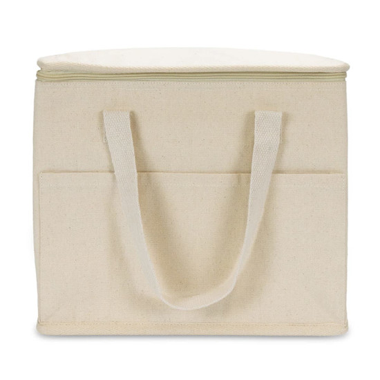 A cooler bag in a lightweight cream colour with a zip closure and handles, featuring a front pocket and branding.