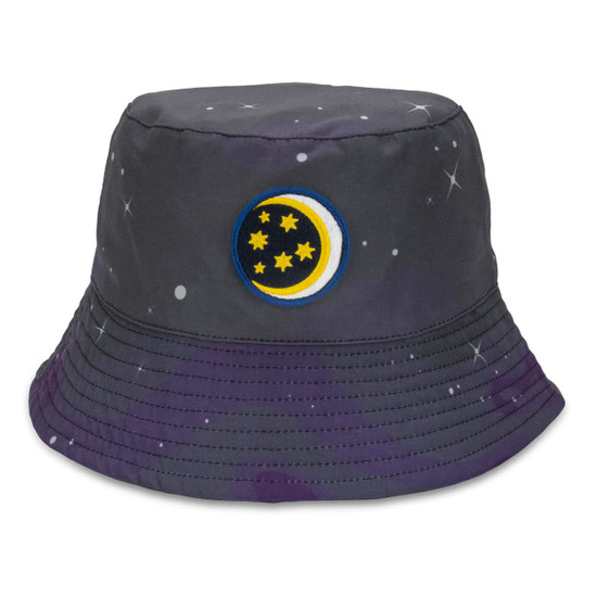 A dark grey bucket hat featuring a colourful embroidered patch of a moon and stars against a starry background.