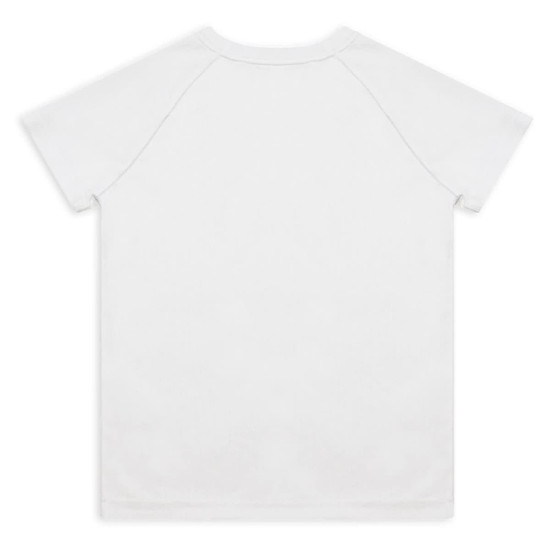 A white youth active t-shirt with short sleeves and a simple design, featuring a logo on the back.