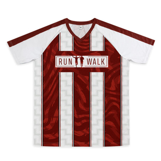 A red and white V-neck t-shirt featuring a striped design and a logo. It has short sleeves and a modern look.