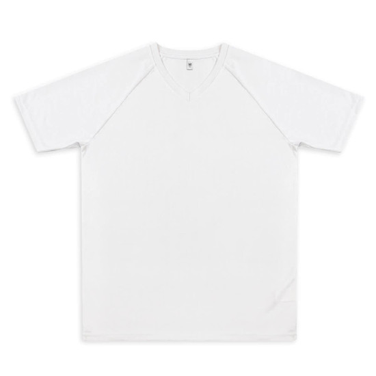 A white men's active V-neck T-shirt with short raglan sleeves and a plain design.
