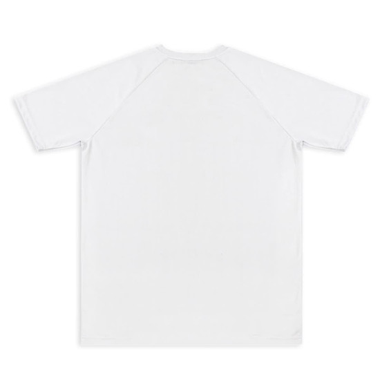 A white custom men's active V-neck T-shirt featuring a plain back design and raglan sleeves.