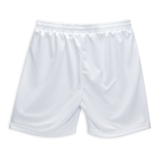 White active shorts featuring an elastic waistband and a plain design, with a logo on the back.