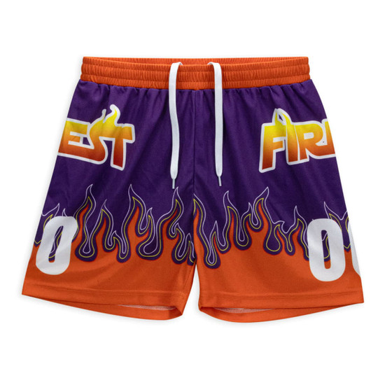 Custom women's active shorts in purple and orange with a flame design. Features a logo and a bold number zero at the front.