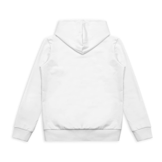 A white youth active hoodie featuring a hood and ribbed cuffs, with a plain back and a branding logo.