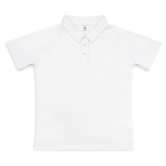 A white women's active polo shirt with a collar and button placket. It features a logo on the front.