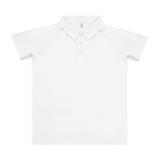 A white custom youth active polo featuring a collar and buttons, with a logo on the chest.