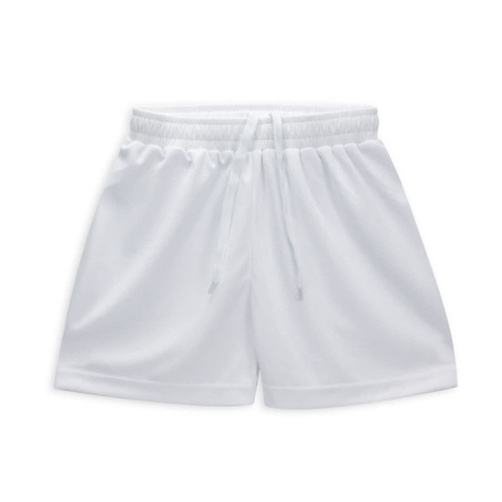 White custom youth active shorts with an elastic waistband and a drawstring. Features a logo.