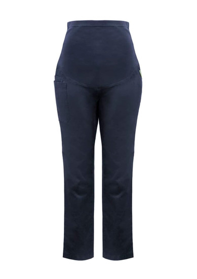 Rose maternity scrub pants in navy blue with a high waistband and side pocket, featuring a small logo.