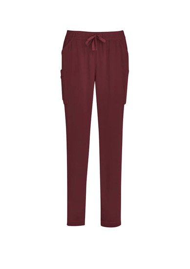 Burgundy women's slim leg scrub pants with side pockets and an adjustable waistband. Features a branding logo.