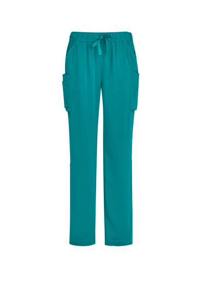 A pair of teal women's straight leg scrub pants with side pockets and a drawstring waist. Features a logo.
