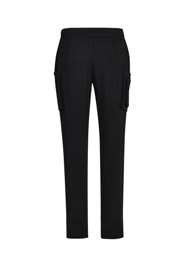 Black straight leg scrub pants featuring side pockets and an elastic waistband. Includes a logo on the waistband.