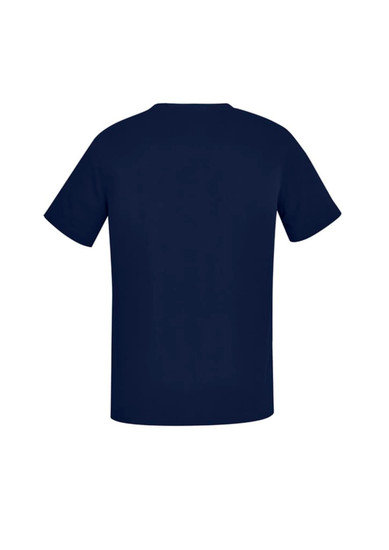 Navy V-neck scrub top featuring short sleeves and a simple design, with a branding logo present.