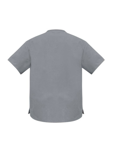 A grey unisex scrub top with short sleeves and a straight cut, featuring side slits and a logo.