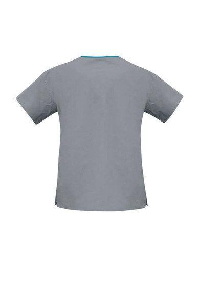 A grey women's scrub top featuring a contrast crossover design and a logo on the back.