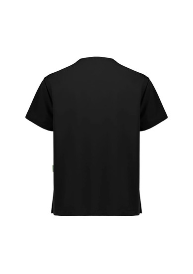 A black unisex pulse V-neck scrub top featuring a simple design, with a logo on the side.