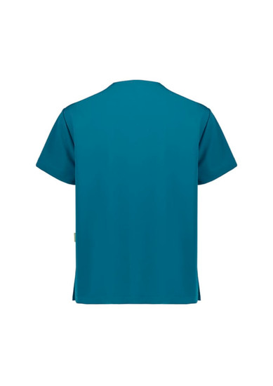 A unisex pulse v-neck scrub top in teal, featuring short sleeves and a logo on the back.