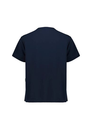 A unisex pulse v-neck scrub top in navy, featuring short sleeves and a simple design with a logo.