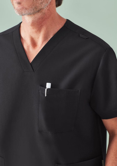 A black unisex V-neck scrub top featuring a pocket and a pen holder, suitable for medical uniforms.