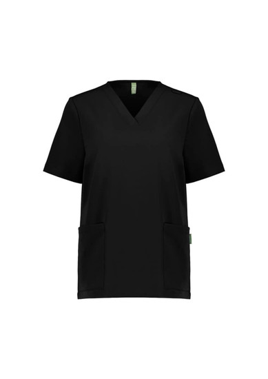 A black women's V-neck scrub top with short sleeves and two front pockets. It features a branding logo.
