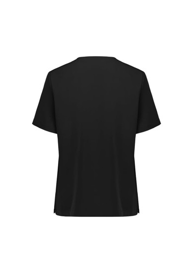 A black V-neck scrub top with short sleeves and a simple design, featuring a logo on the back.