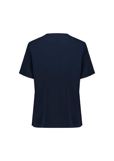 A navy women's V-neck scrub top with short sleeves and a simple design. Features a logo on the back.