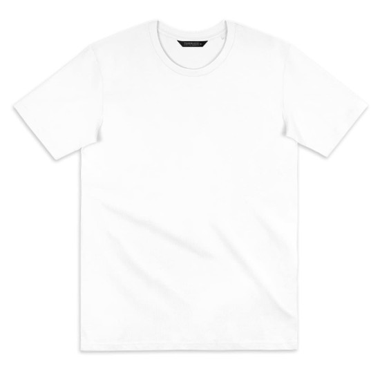 A plain white women's T-shirt with a round neckline and short sleeves, featuring a logo tag.
