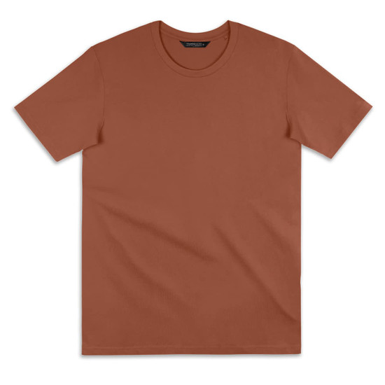 A plain, rust-coloured T-shirt with short sleeves and a round neck. It features a logo on the label.
