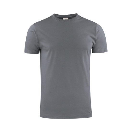 A grey men's t-shirt with a round neck and short sleeves. The shirt features a logo on the tag.