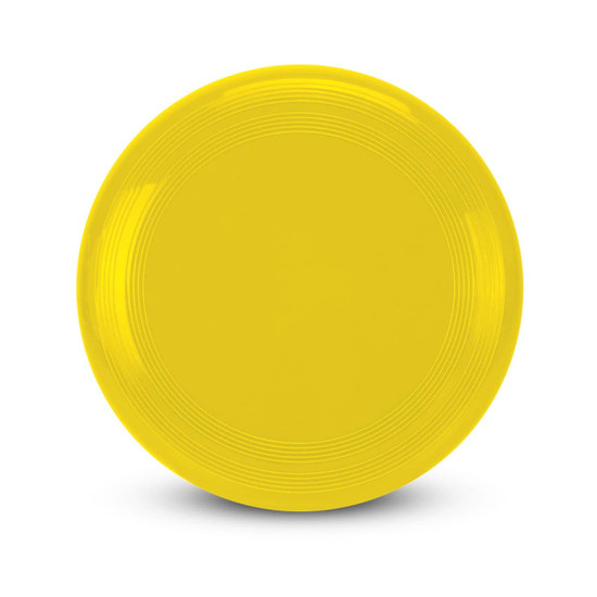A yellow disc with a smooth surface and subtle ribbed detailing along the edge, featuring a logo.