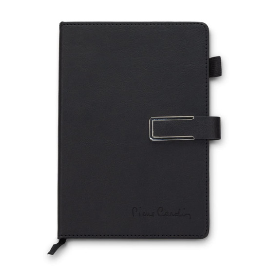A black weekly diary with a clasp and a logo, featuring a simple and elegant design.