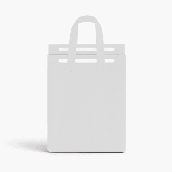 A white insulated reusable bag with two handles, featuring a simple design. It has a logo on the front.