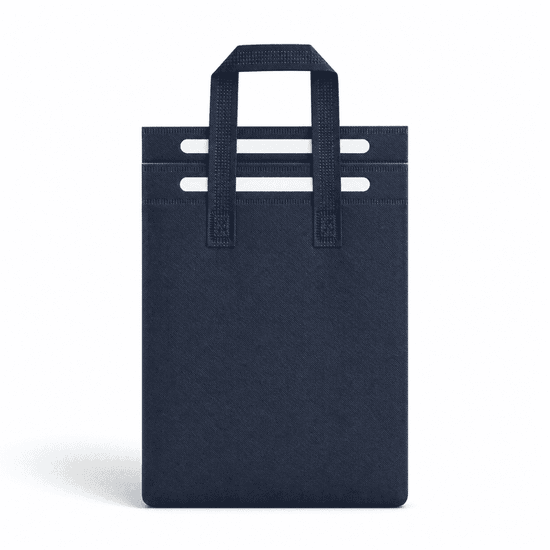 A navy blue insulated reusable bag with sturdy handles and cut-out slots at the top. It features a simple, sleek design.