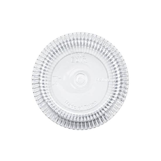 A clear, round tumbler with a textured rim, featuring a logo and a capacity of 450ml.