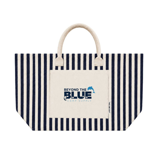 A striped tote bag in navy and cream with a front pocket and a branded logo.