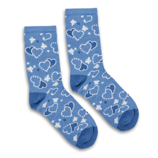 A pair of blue kids' socks featuring heart patterns in lighter shades of blue and white. The socks have a logo.