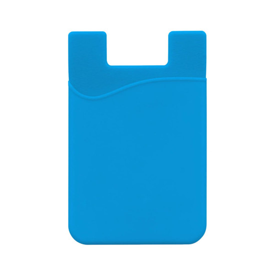 A blue mobile phone wallet with a smooth surface and a wavy design at the top. It has a slot for cards.