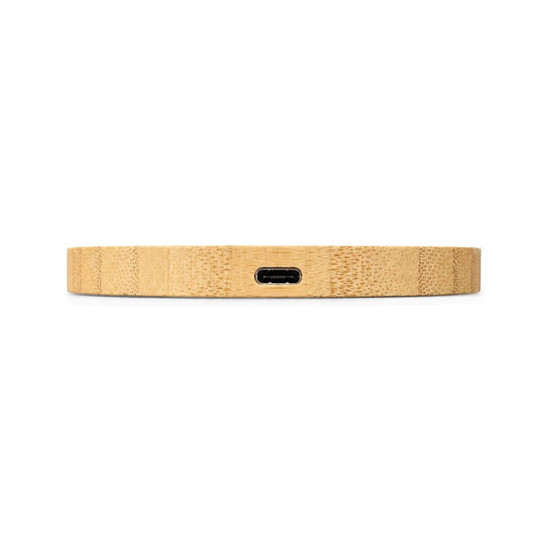 A wireless charger in a natural wood finish, featuring a USB-C port at the back.