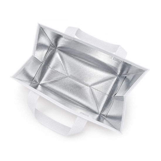 A white cooler bag with a silver insulated interior and two sturdy handles. Features a simple design.