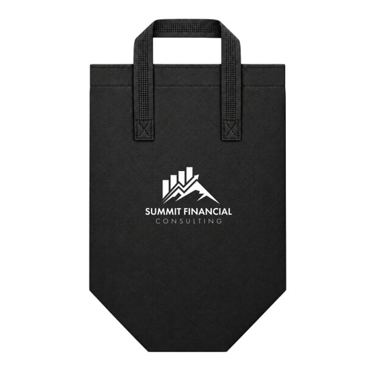 A black cooler bag with two handles and a logo at the front, featuring a mountain design.